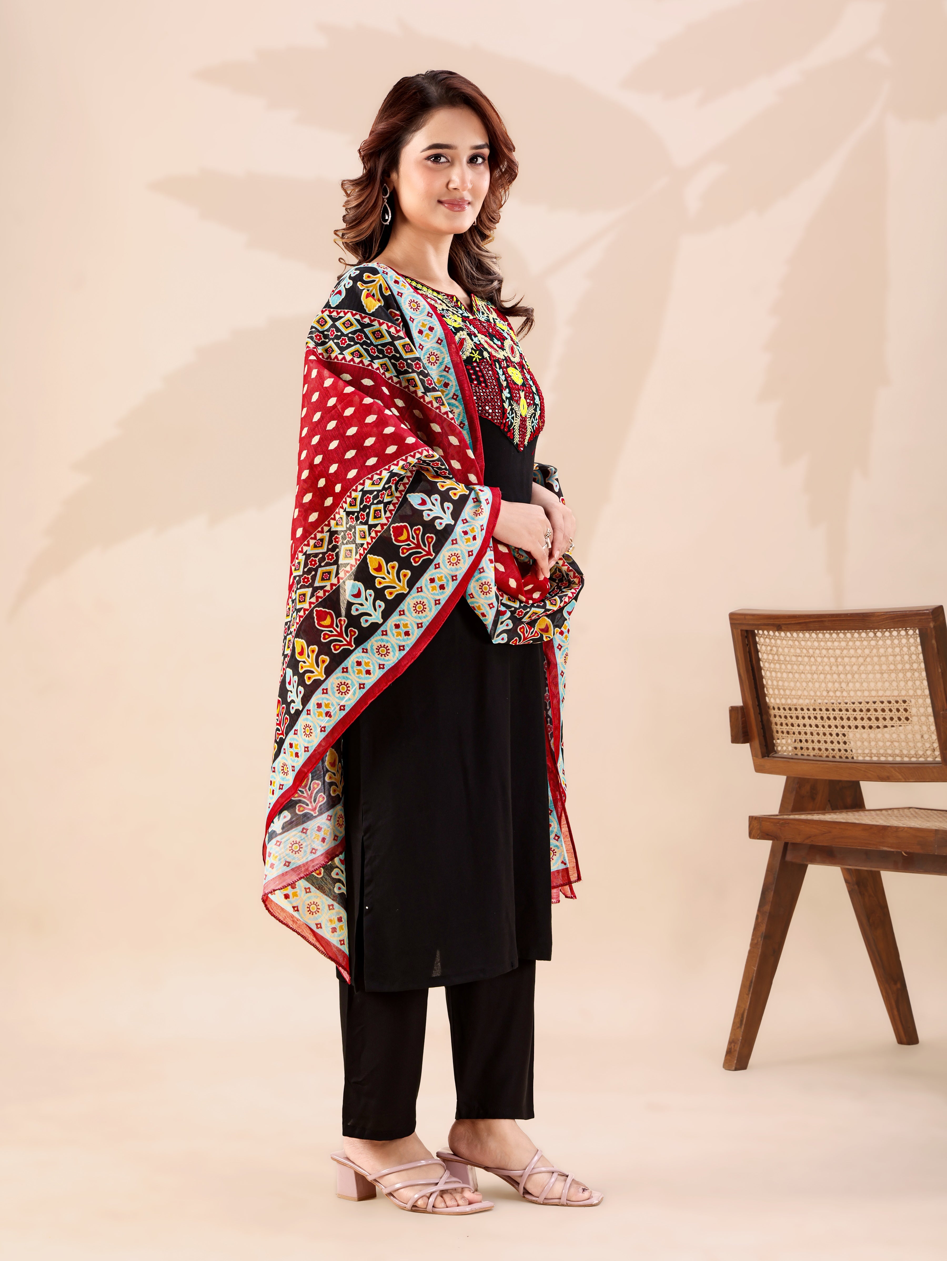 Stylish Black Ethnic Co-ord Set for Women Embroidered Neck Detail Kurti with Comfortable Pants and Dupatta