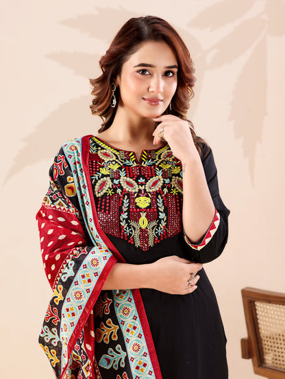 Stylish Black Ethnic Co-ord Set for Women Embroidered Neck Detail Kurti with Comfortable Pants and Dupatta