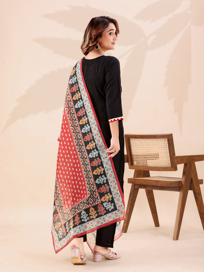 Stylish Black Ethnic Co-ord Set for Women Embroidered Neck Detail Kurti with Comfortable Pants and Dupatta