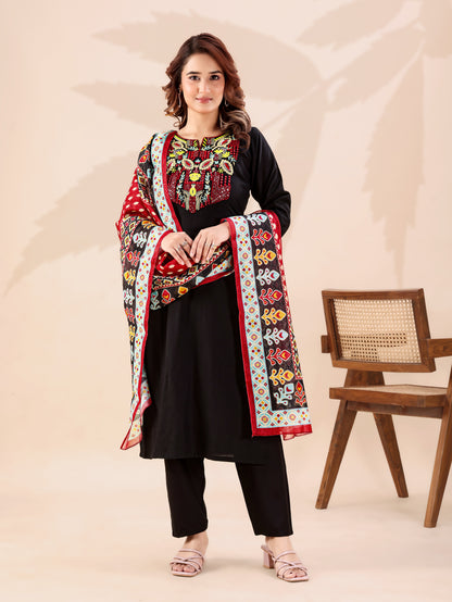 Stylish Black Ethnic Co-ord Set for Women Embroidered Neck Detail Kurti with Comfortable Pants and Dupatta