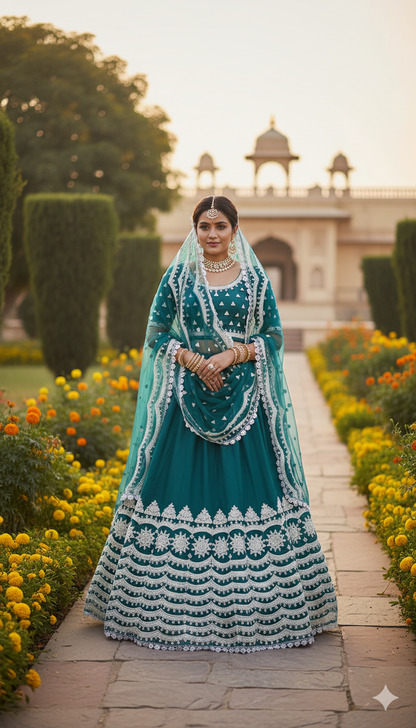 Chinnon Silk Lehenga Choli with Heavy Scallop Embroidery and Sequin Work