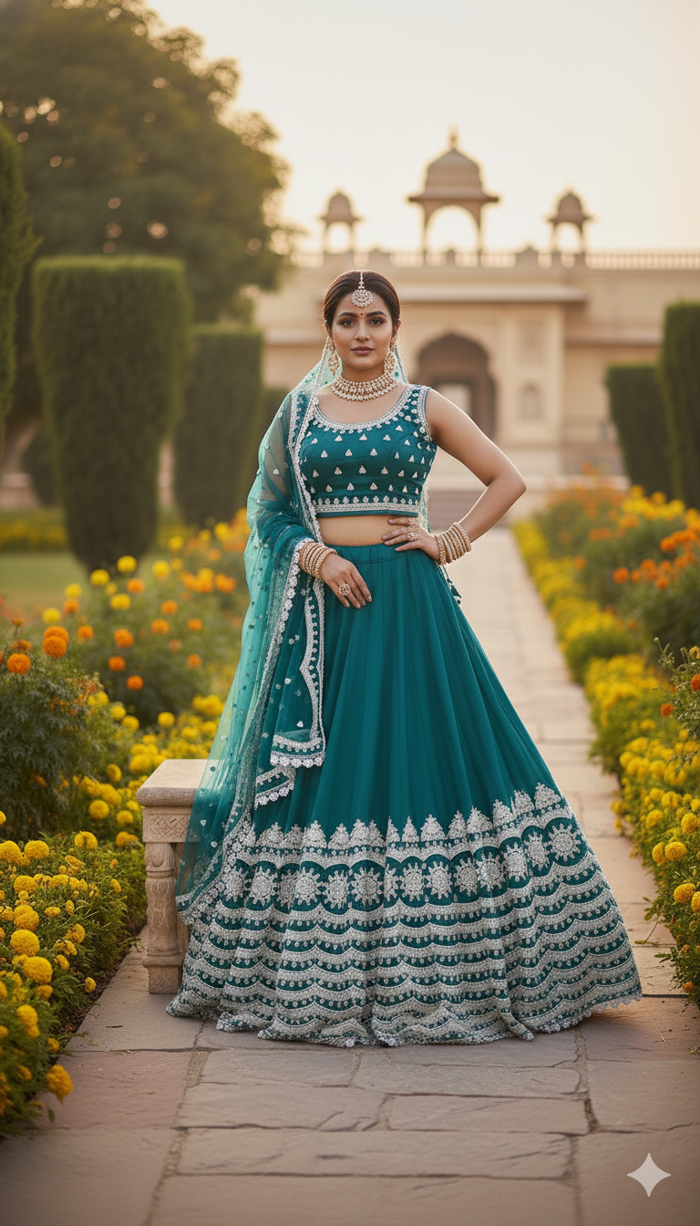 Chinnon Silk Lehenga Choli with Heavy Scallop Embroidery and Sequin Work