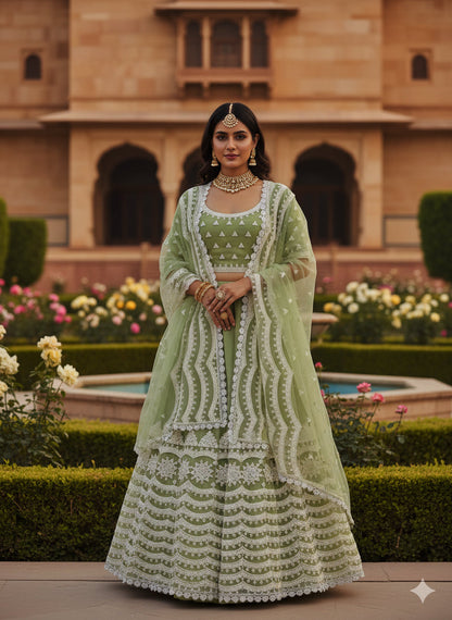 Chinnon Silk Lehenga Choli with Heavy Scallop Embroidery and Sequin Work