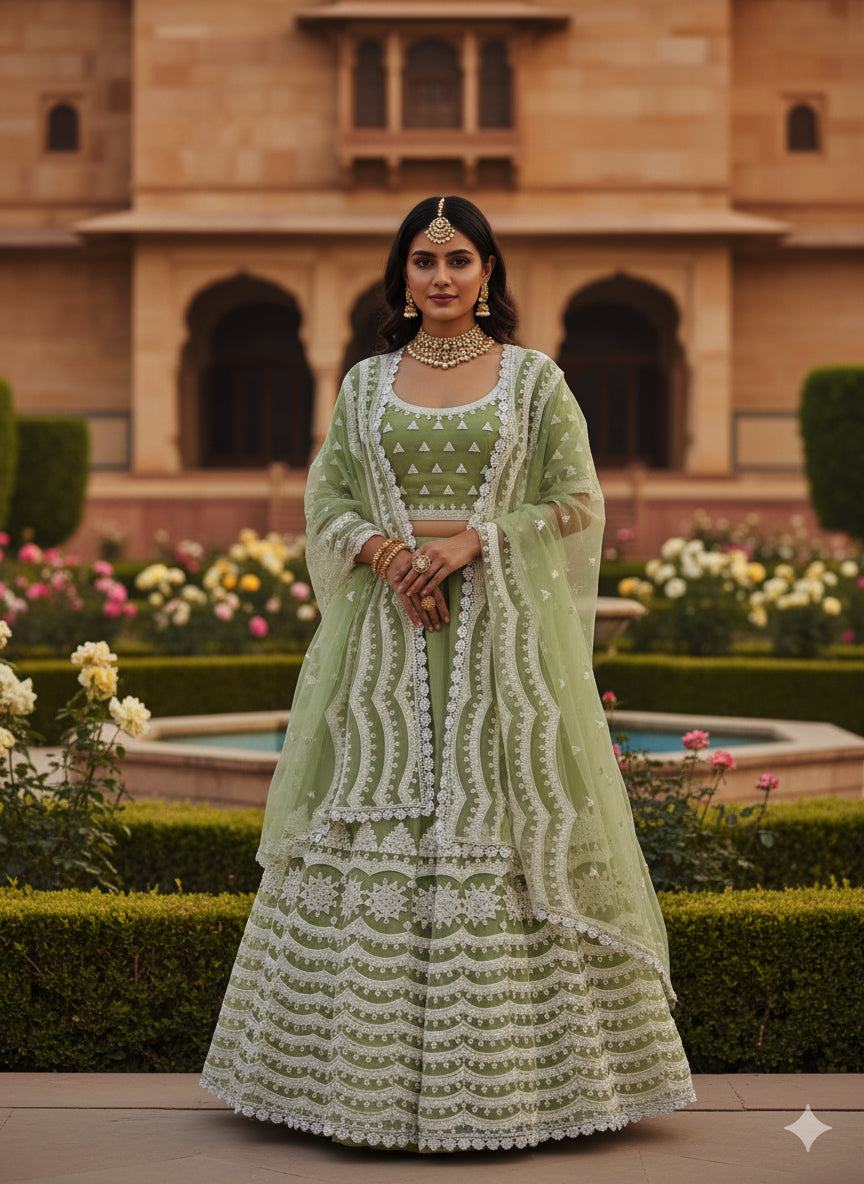 Chinnon Silk Lehenga Choli with Heavy Scallop Embroidery and Sequin Work