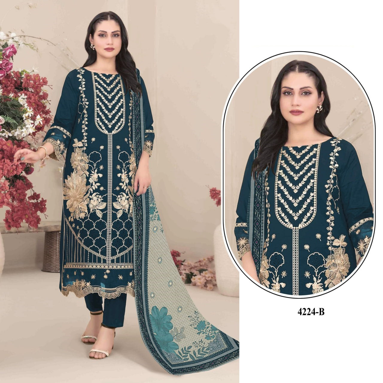 Stylish Festive Ethnic Kurta Pant and Dupatta Set Heavy Thread Work Party Wear