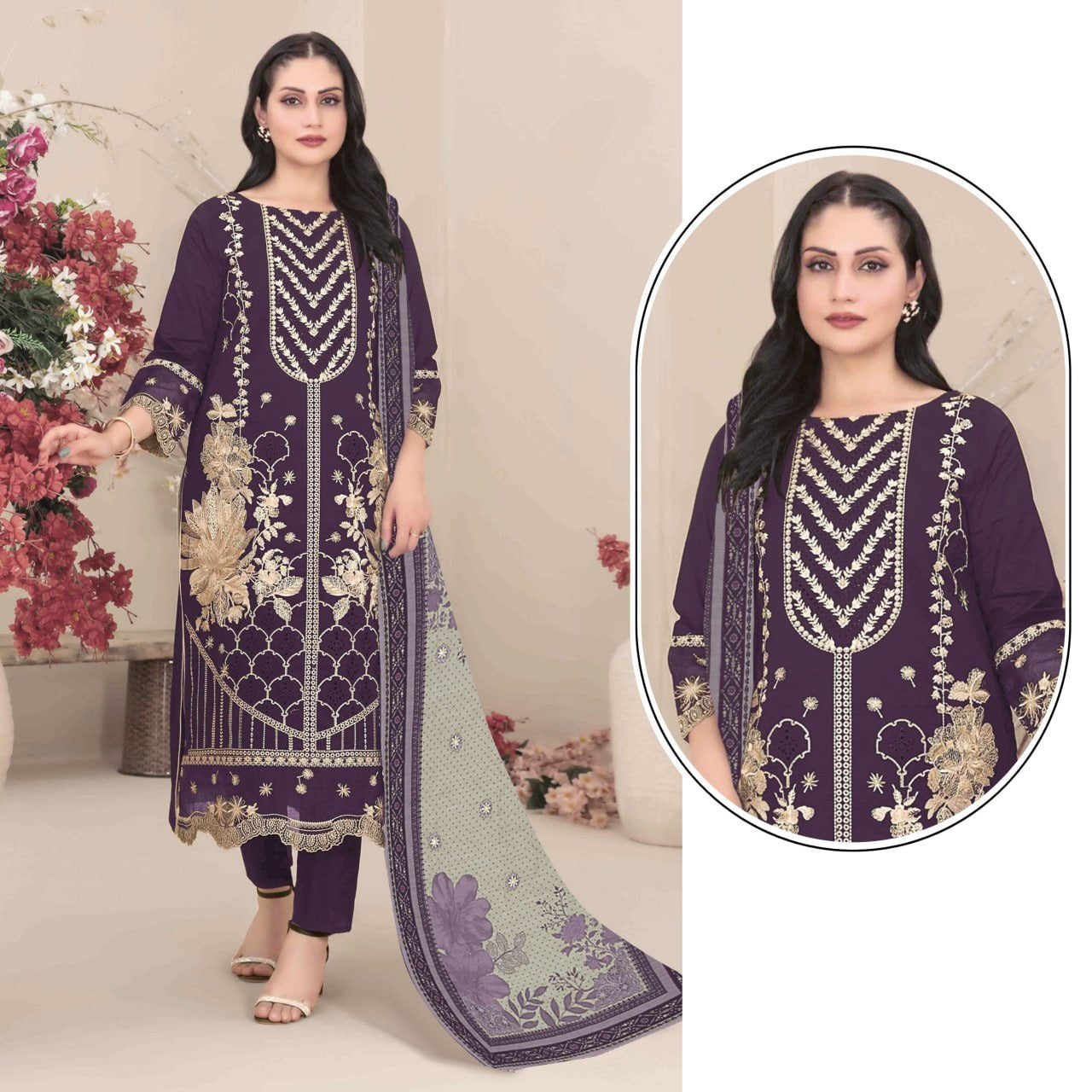 Stylish Festive Ethnic Kurta Pant and Dupatta Set Heavy Thread Work Party Wear