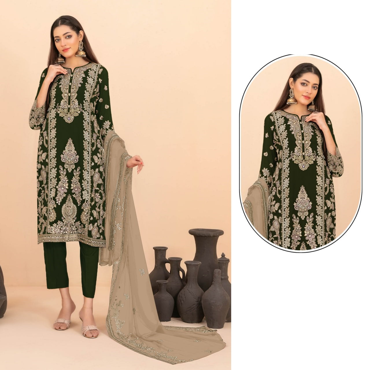 Luxury Ethnic Party Wear Ensemble Intricate Embroidered Kurta Trousers and Soft Dupatta Set