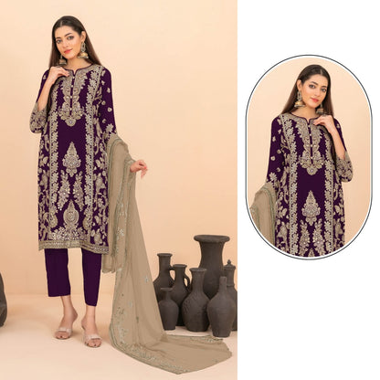 Luxury Ethnic Party Wear Ensemble Intricate Embroidered Kurta Trousers and Soft Dupatta Set