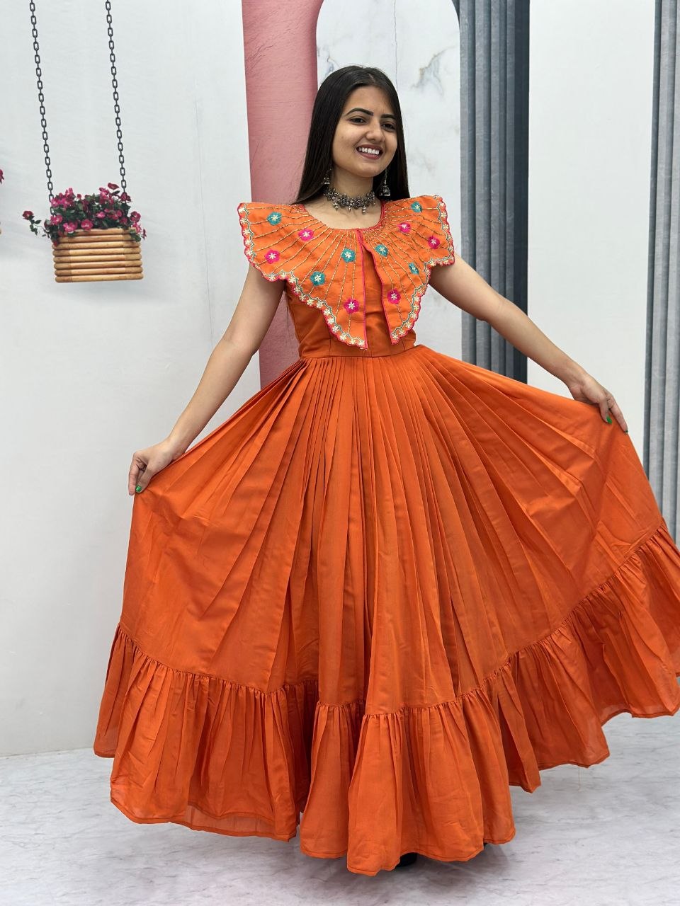 Premium Festive Wear Gown Embroidered Collar Dress with Tiered Flare