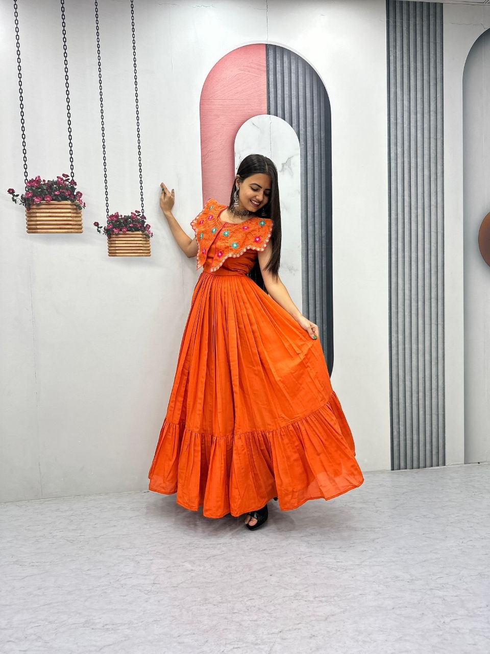 Premium Festive Wear Gown Embroidered Collar Dress with Tiered Flare