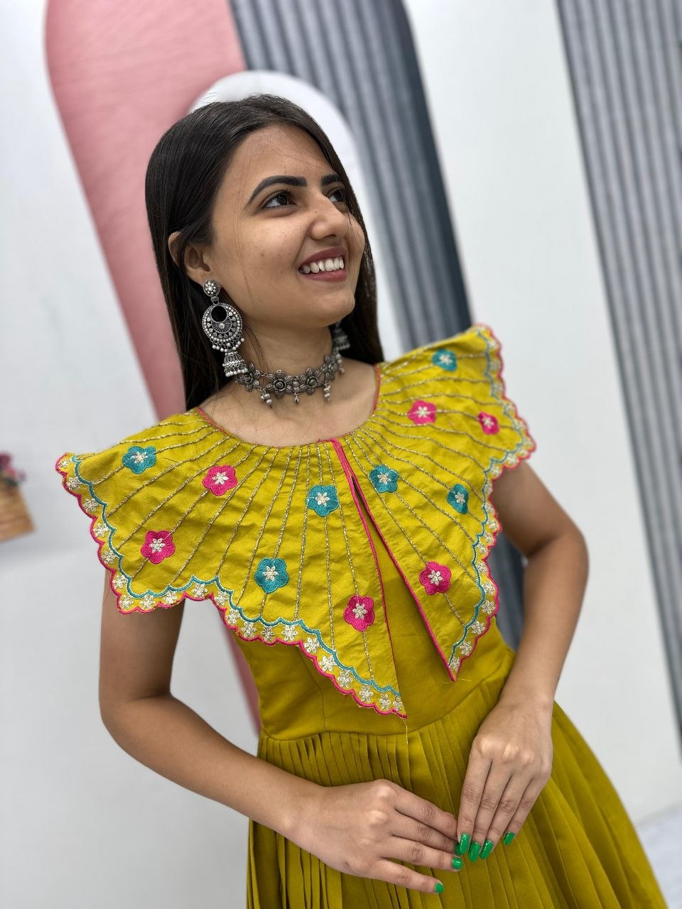Premium Festive Wear Gown Embroidered Collar Dress with Tiered Flare