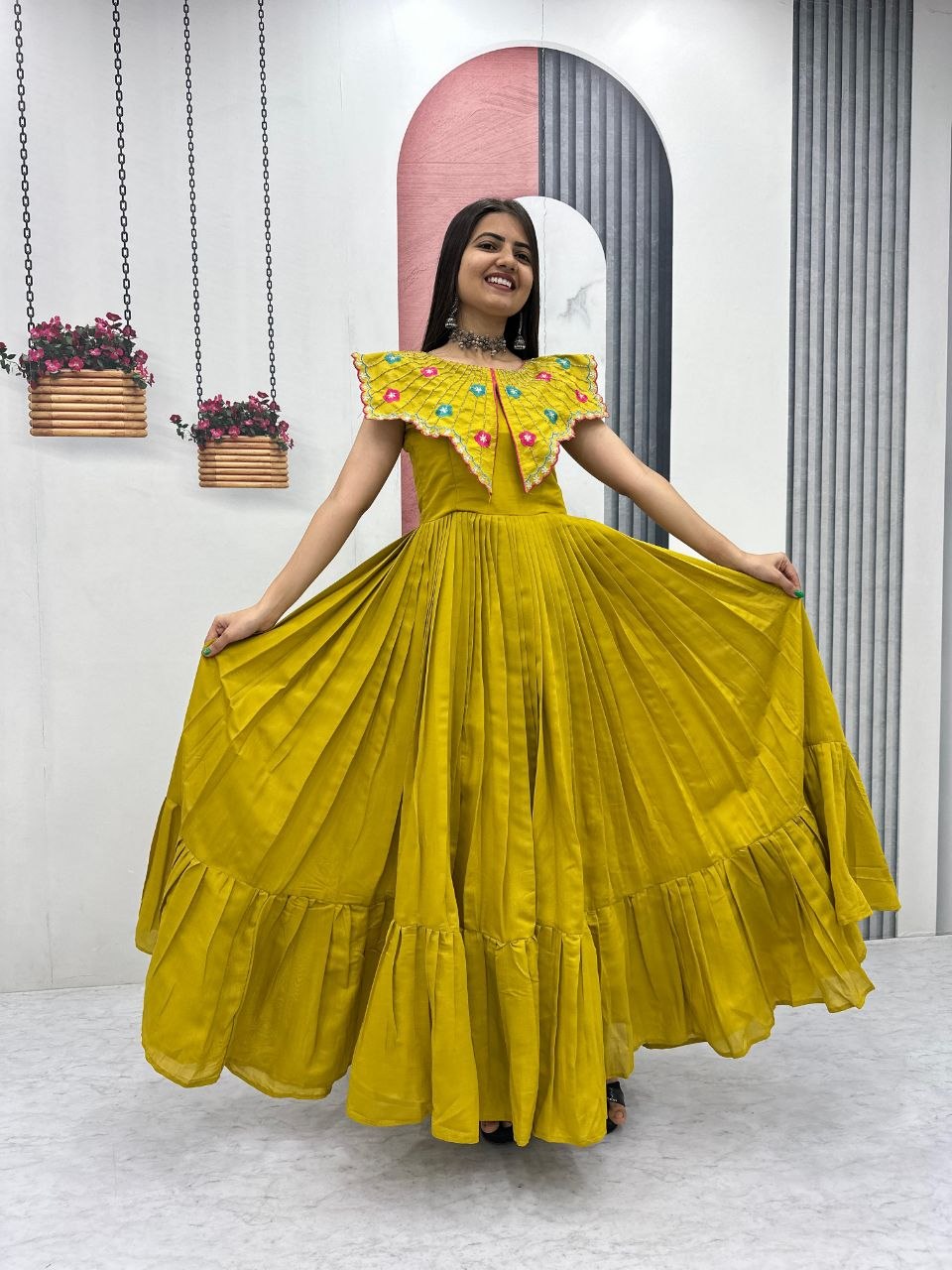 Premium Festive Wear Gown Embroidered Collar Dress with Tiered Flare