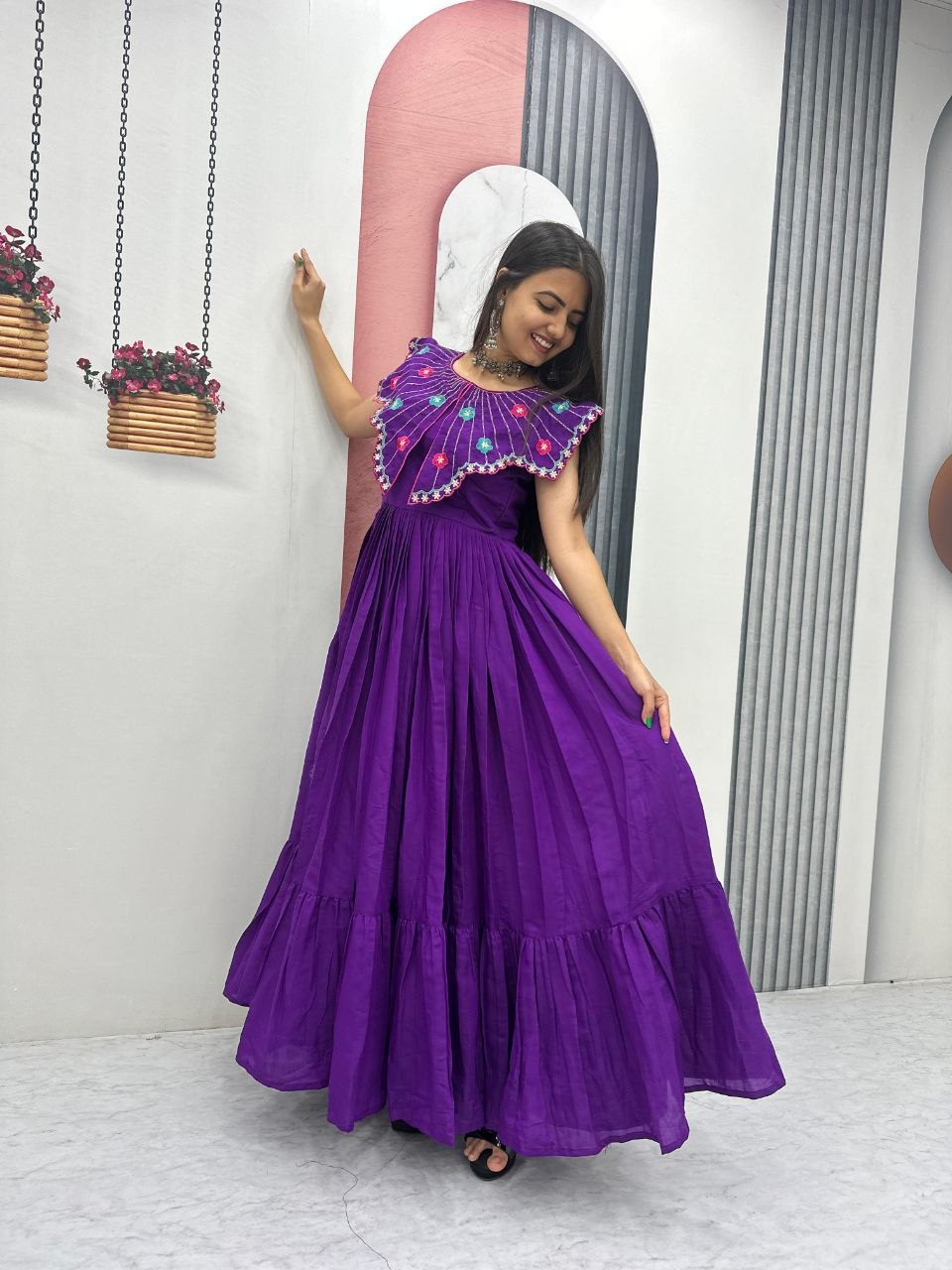 Premium Festive Wear Gown Embroidered Collar Dress with Tiered Flare