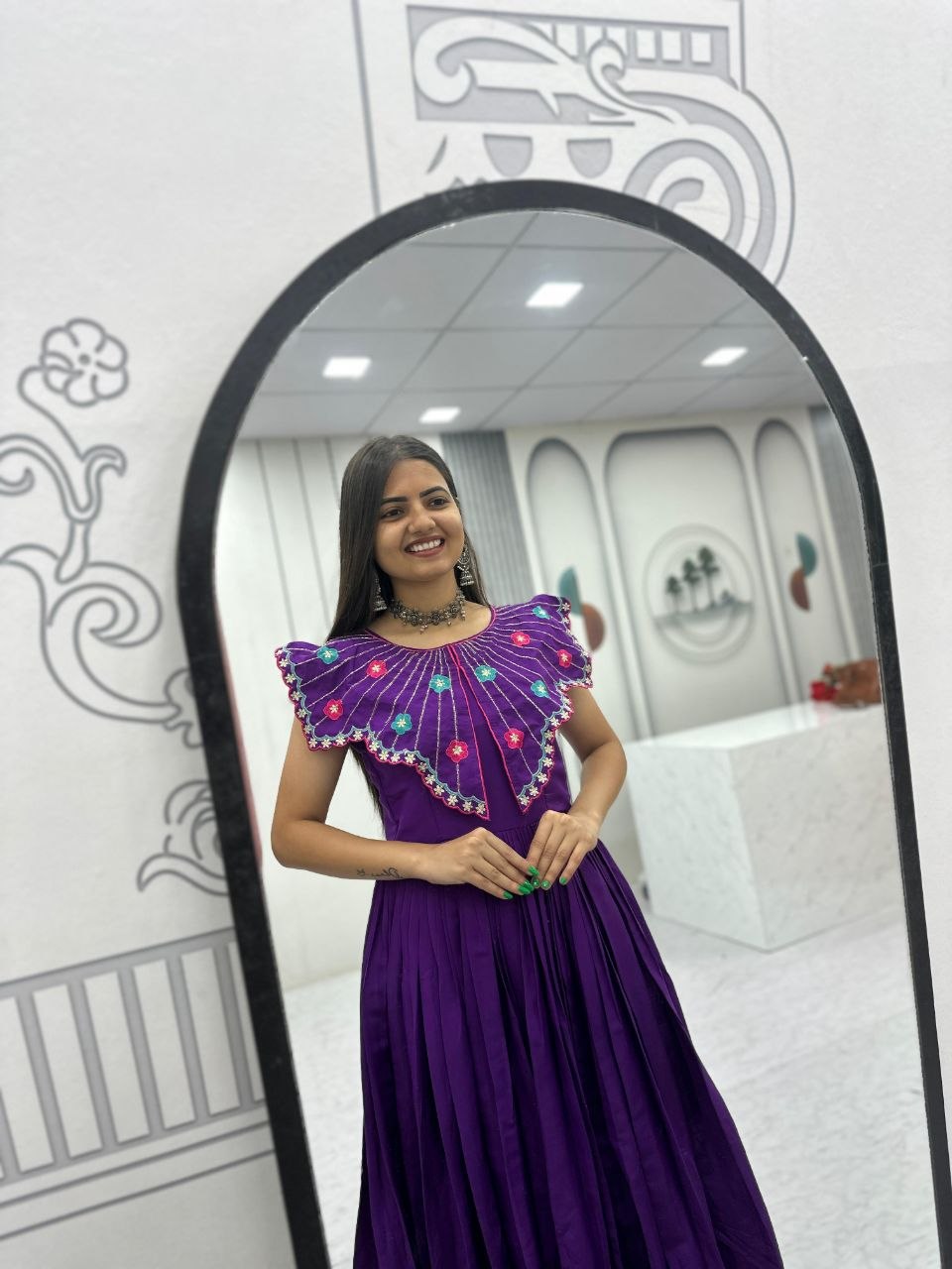 Premium Festive Wear Gown Embroidered Collar Dress with Tiered Flare