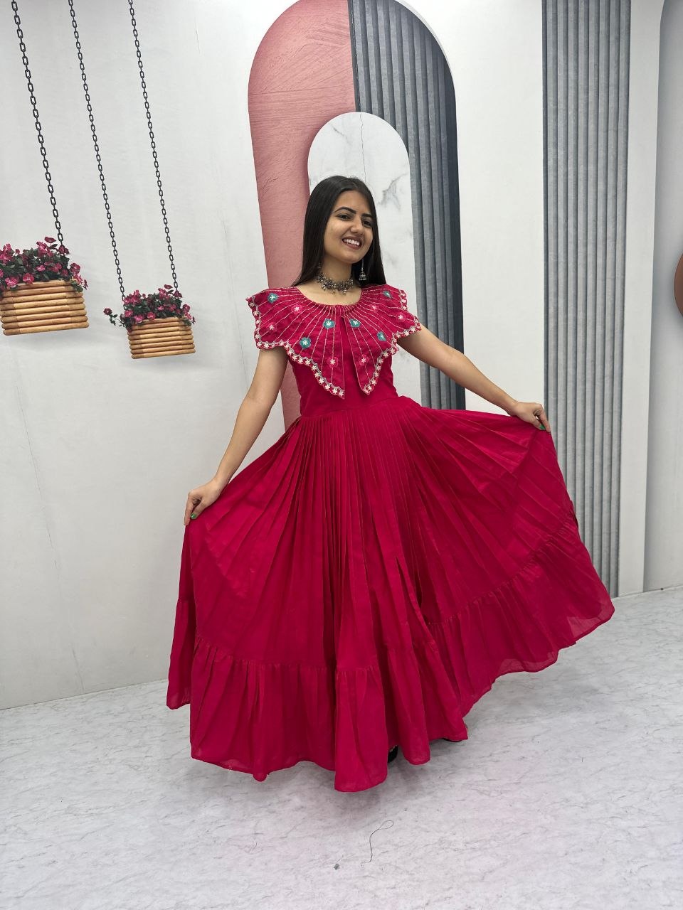 Premium Festive Wear Gown Embroidered Collar Dress with Tiered Flare