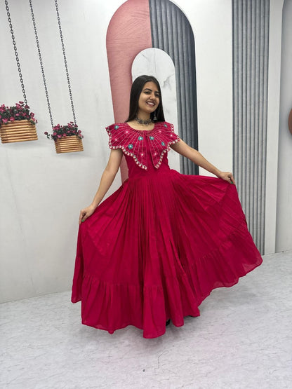 Premium Festive Wear Gown Embroidered Collar Dress with Tiered Flare