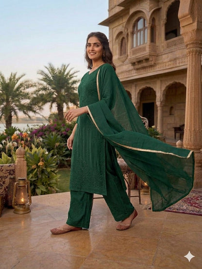 Sophisticated Monochrome Ethnic Suit Intricate Thread Work Kurta Palazzo and Matching Dupatta