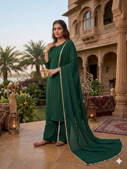 Sophisticated Monochrome Ethnic Suit Intricate Thread Work Kurta Palazzo and Matching Dupatta