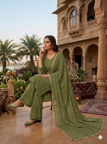 Sophisticated Monochrome Ethnic Suit Intricate Thread Work Kurta Palazzo and Matching Dupatta