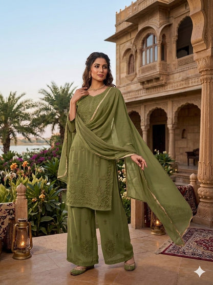 Sophisticated Monochrome Ethnic Suit Intricate Thread Work Kurta Palazzo and Matching Dupatta