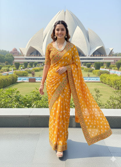 Bandhani Georgette Saree with Heavy Gota Patti Border Designer Blouse