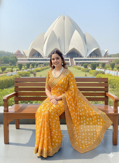 Bandhani Georgette Saree with Heavy Gota Patti Border Designer Blouse