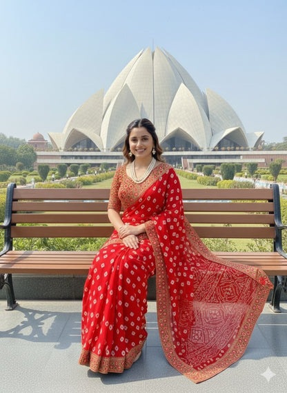 Bandhani Georgette Saree with Heavy Gota Patti Border Designer Blouse