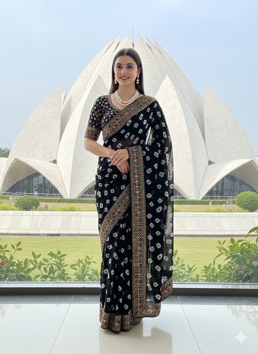 Bandhani Georgette Saree with Heavy Gota Patti Border Designer Blouse