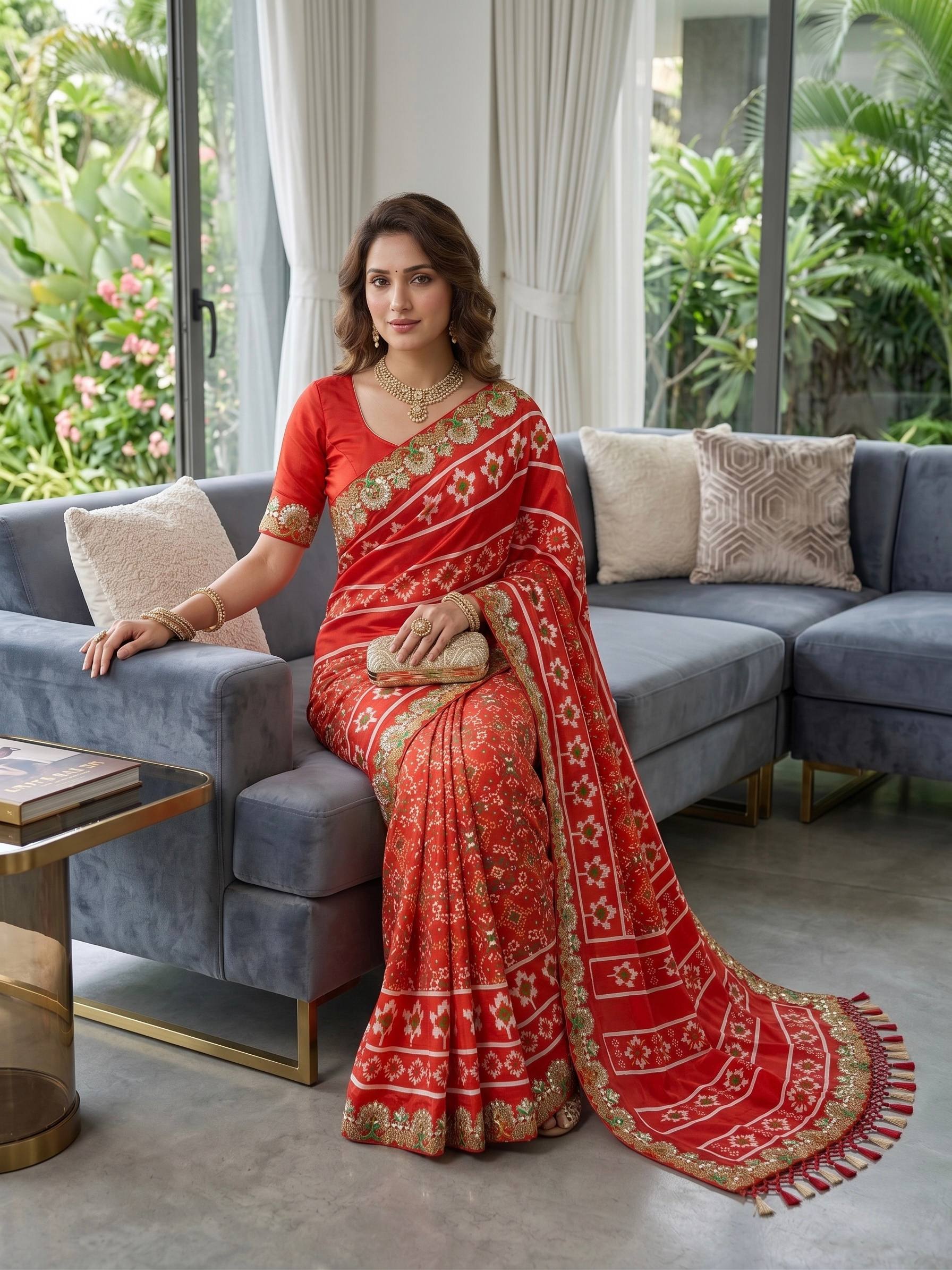 Elegant Patola Style Printed Saree with Elephant Motifs and Ornate Border Designer Festive Drape