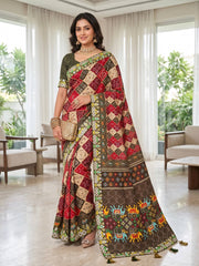 Elegant Patola Style Printed Saree with Elephant Motifs and Ornate Border Designer Festive Drape