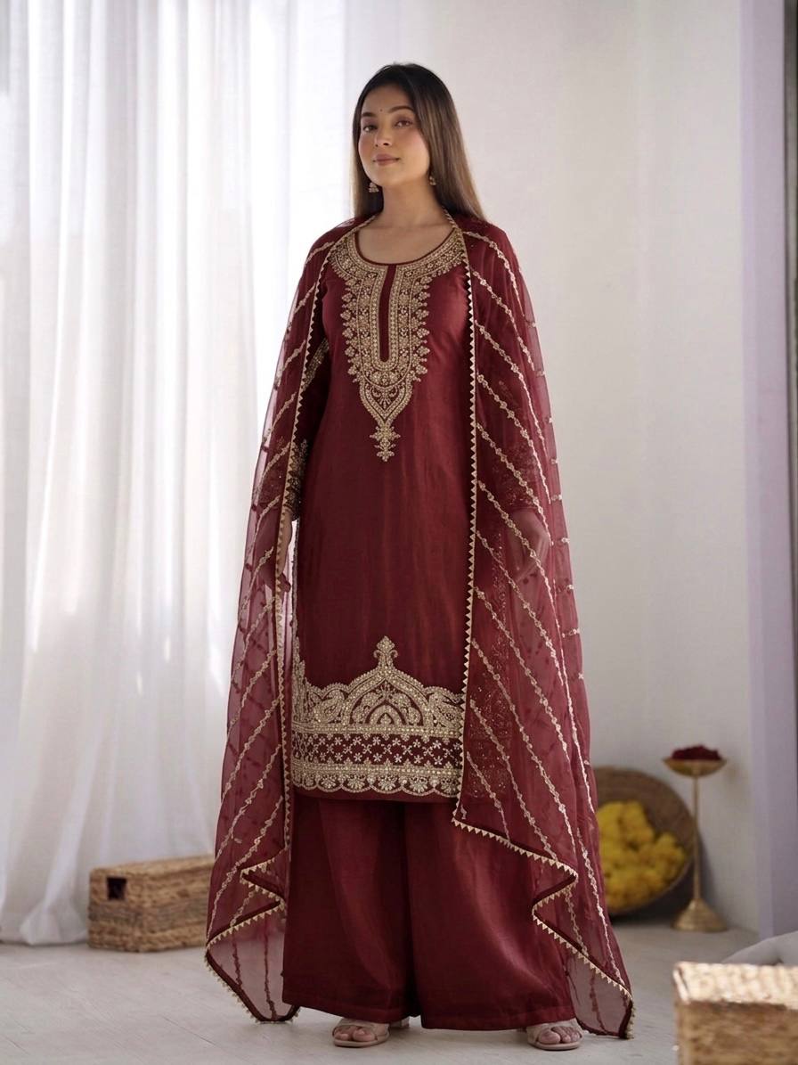 Sophisticated Festive Ethnic Ensemble Featuring Intricate Embroidery and Detailed Dupatta