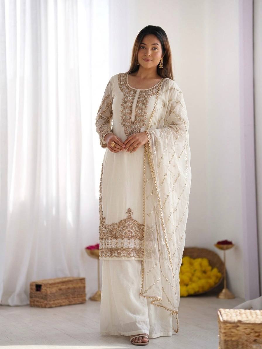 Sophisticated Festive Ethnic Ensemble Featuring Intricate Embroidery and Detailed Dupatta