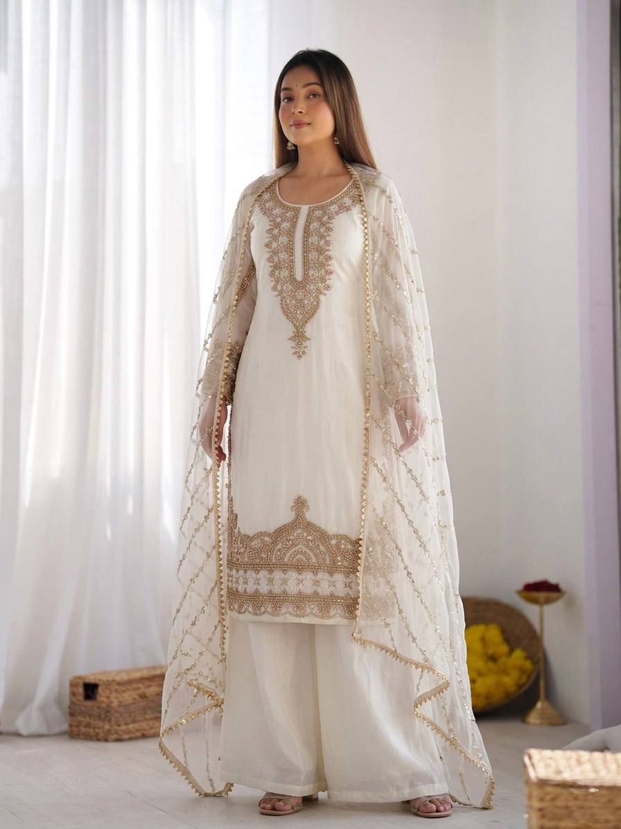 Sophisticated Festive Ethnic Ensemble Featuring Intricate Embroidery and Detailed Dupatta