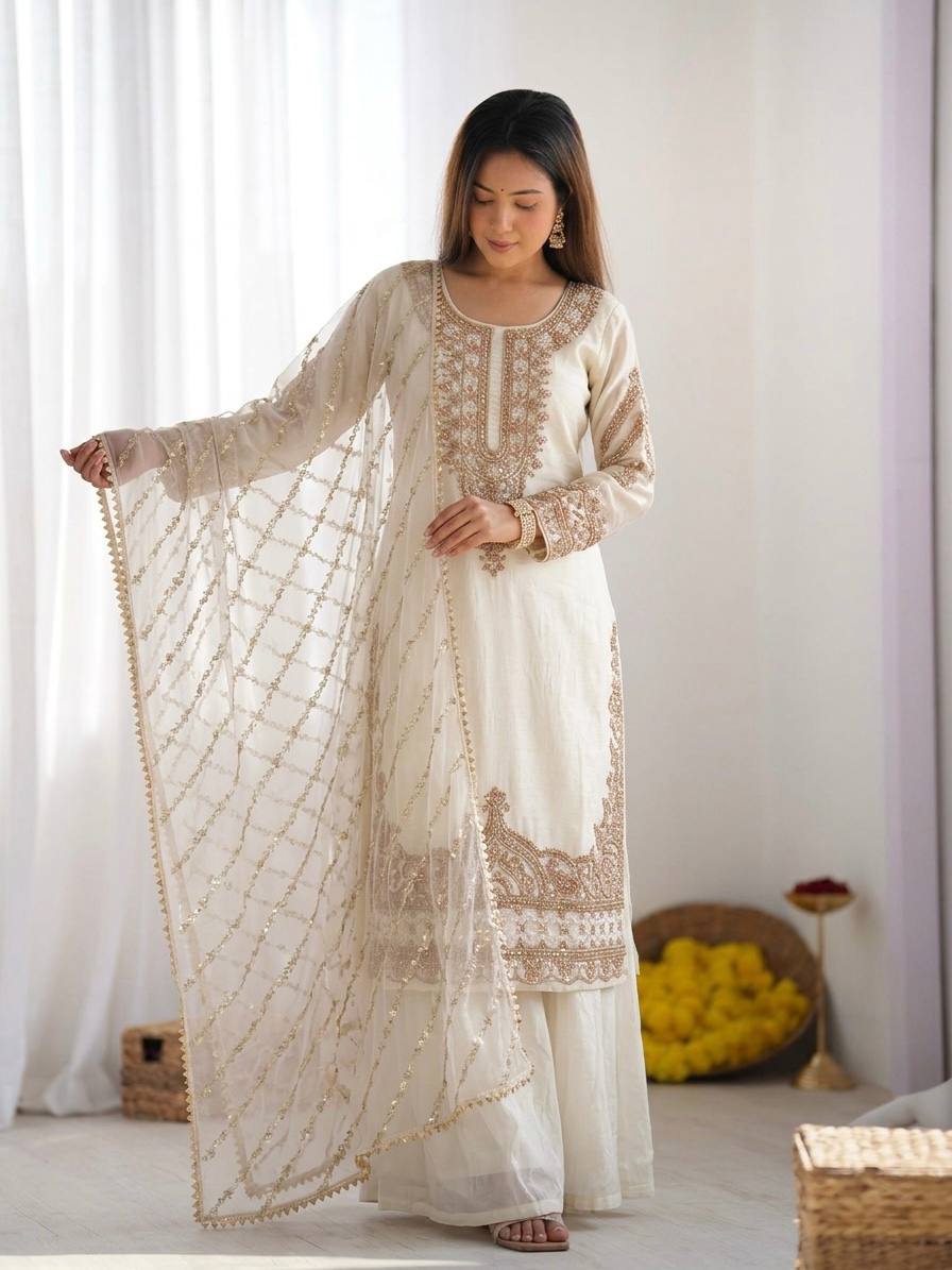 Sophisticated Festive Ethnic Ensemble Featuring Intricate Embroidery and Detailed Dupatta