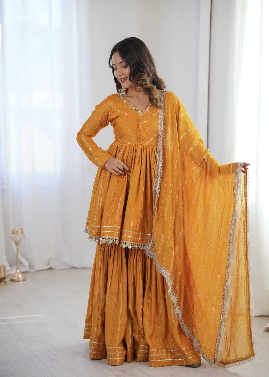 Contemporary Striped Peplum Sharara Set Stylish Festive Wear with Gota Detail