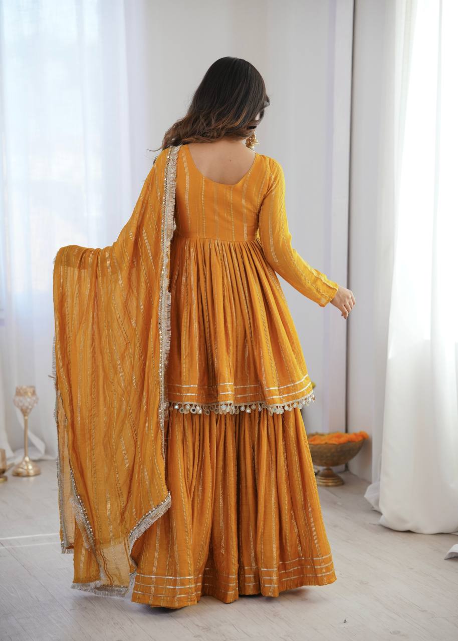 Contemporary Striped Peplum Sharara Set Stylish Festive Wear with Gota Detail