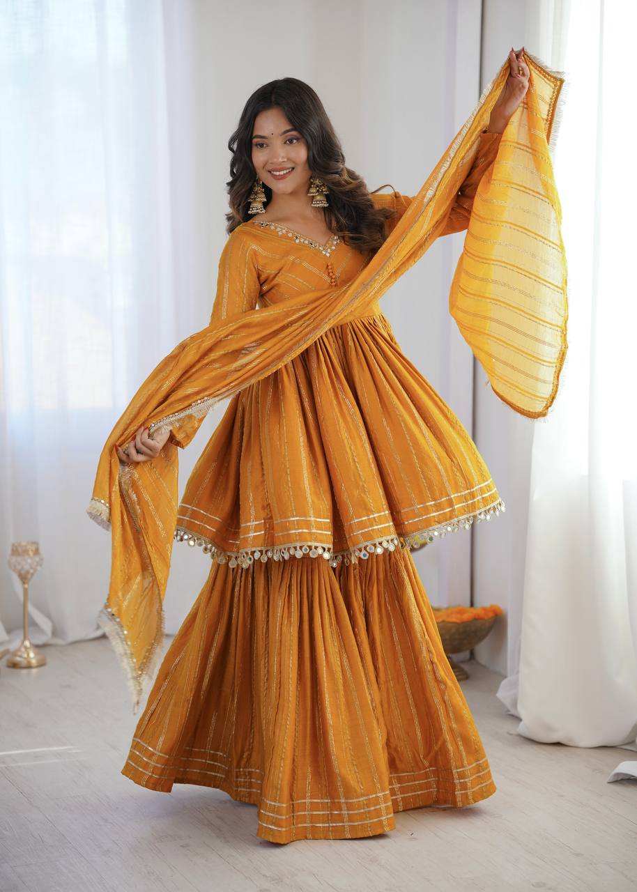 Contemporary Striped Peplum Sharara Set Stylish Festive Wear with Gota Detail