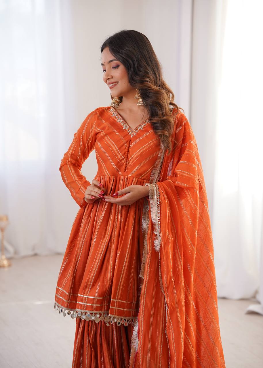 Contemporary Striped Peplum Sharara Set Stylish Festive Wear with Gota Detail