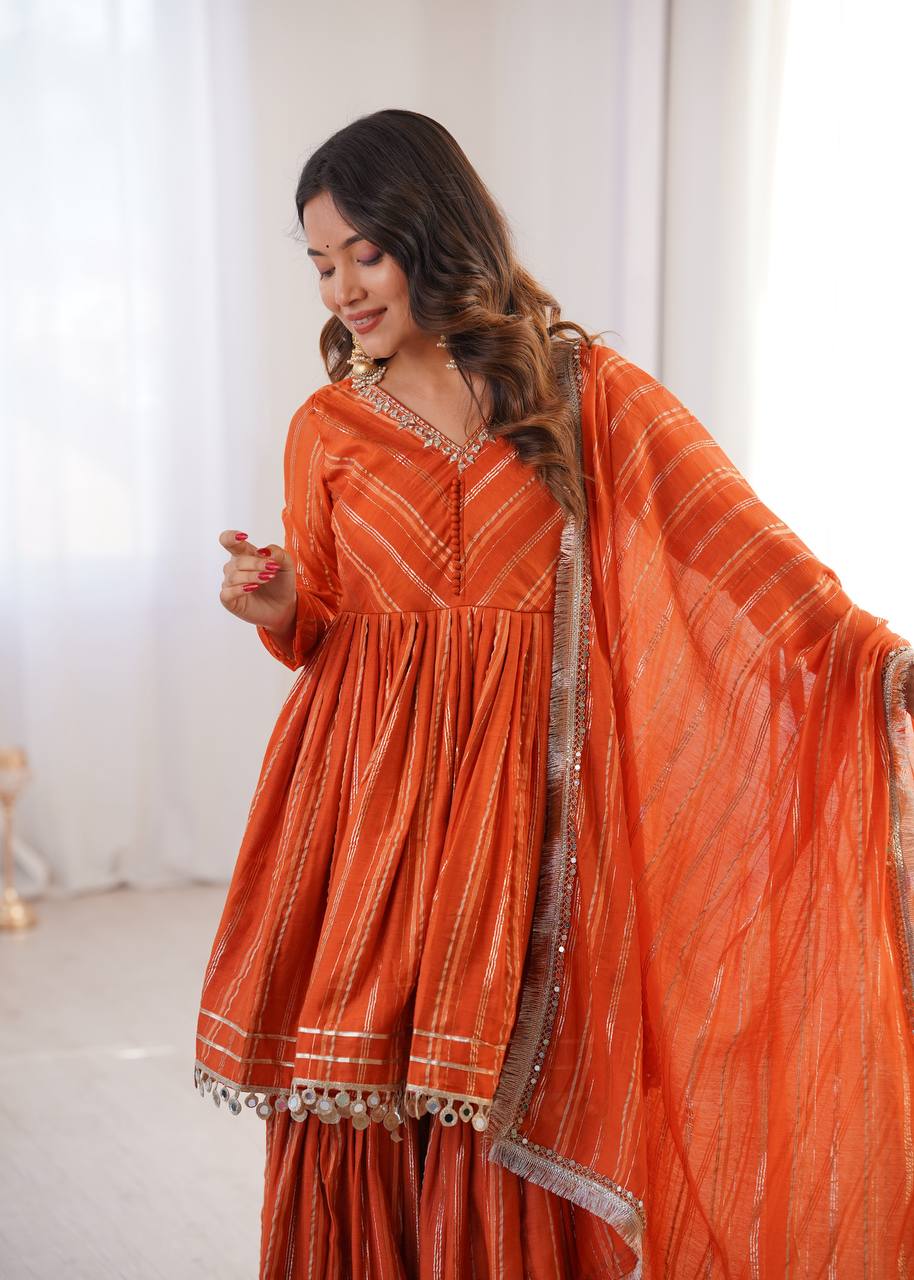 Contemporary Striped Peplum Sharara Set Stylish Festive Wear with Gota Detail