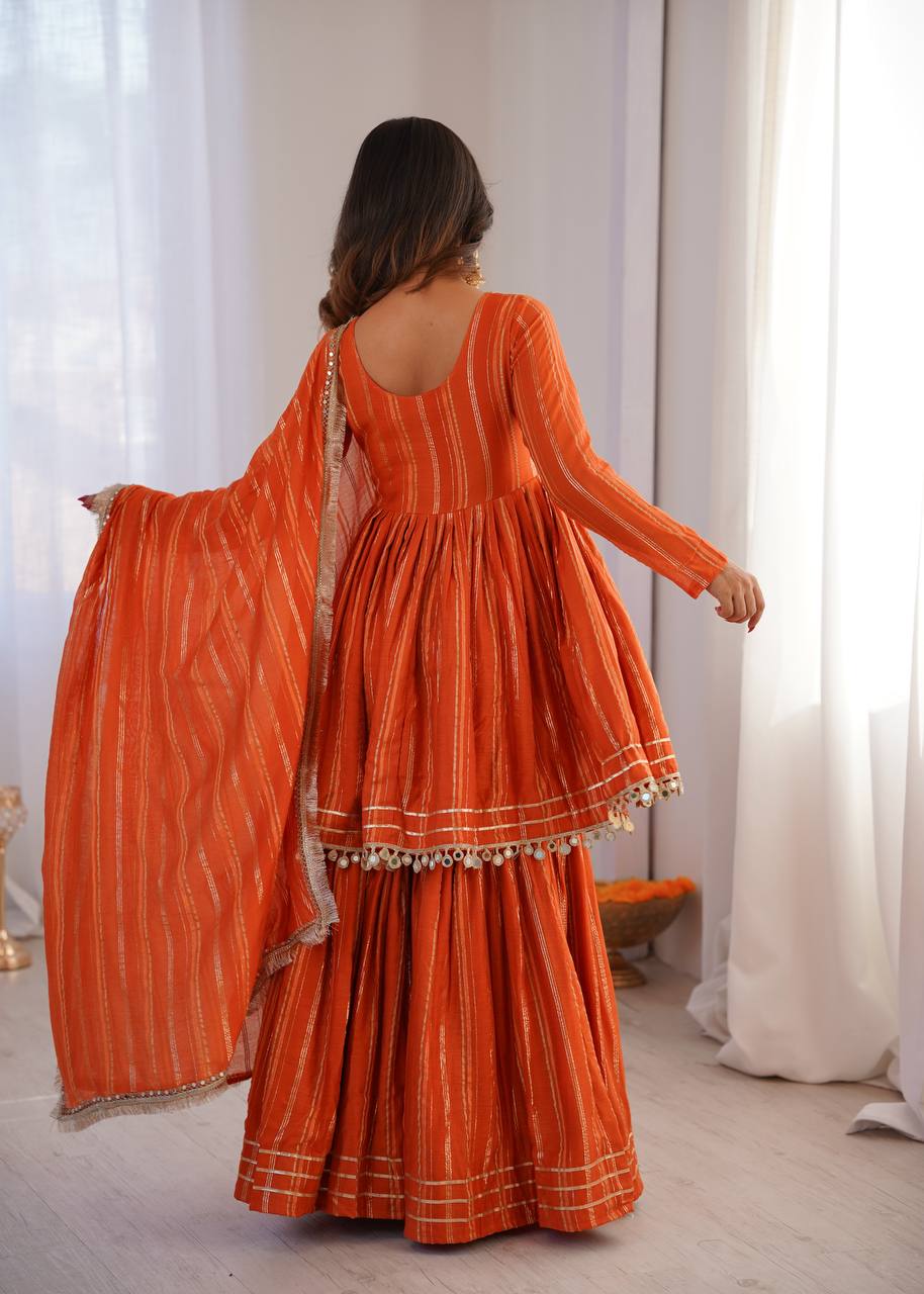 Contemporary Striped Peplum Sharara Set Stylish Festive Wear with Gota Detail