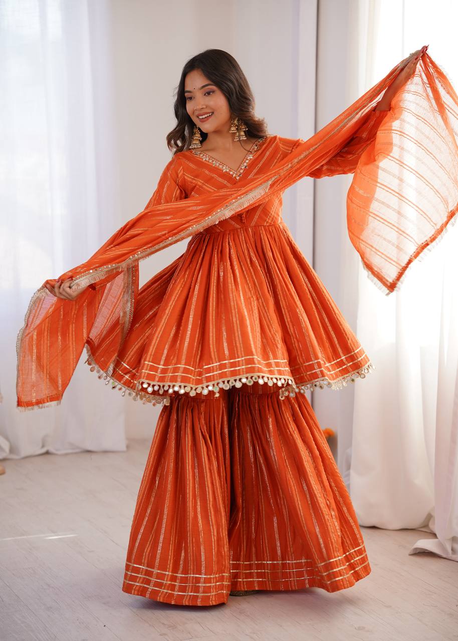 Contemporary Striped Peplum Sharara Set Stylish Festive Wear with Gota Detail