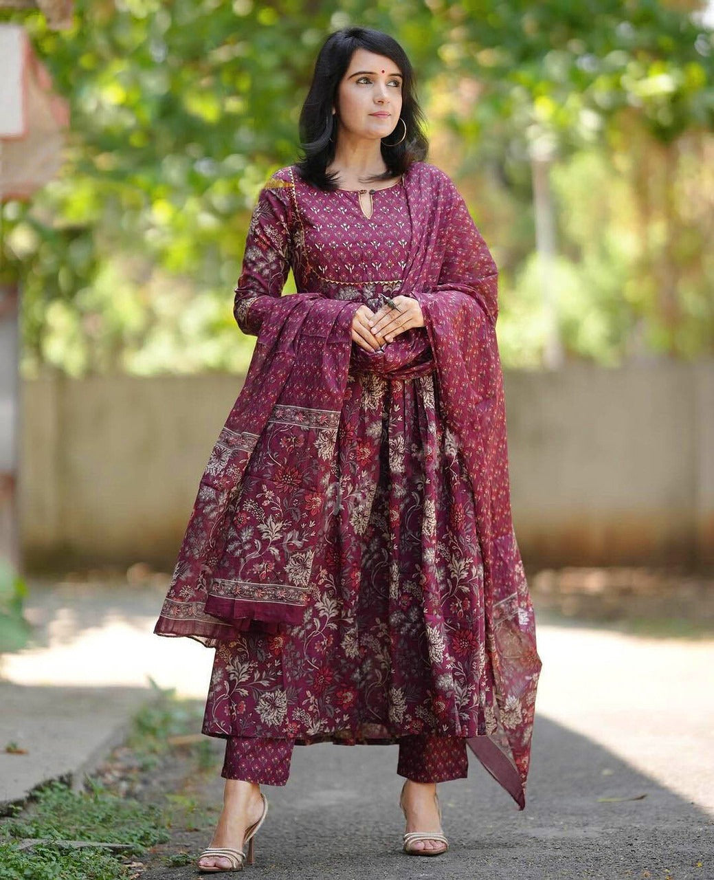Maroon Rayon Printed Kurti Pant Dupatta Set