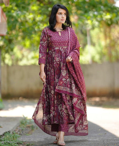 Maroon Rayon Printed Kurti Pant Dupatta Set