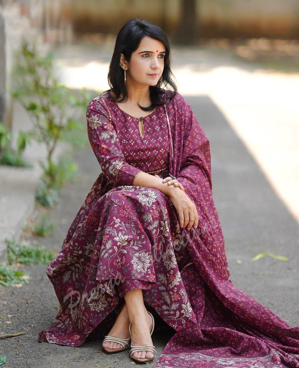 Maroon Rayon Printed Kurti Pant Dupatta Set