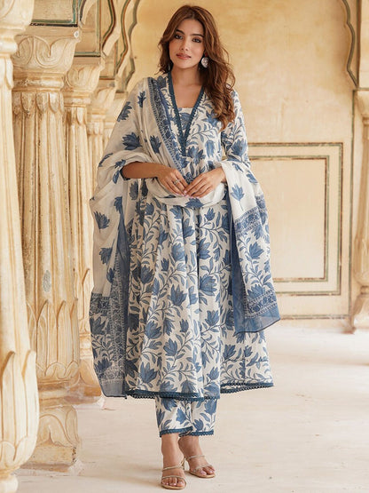 White Rayon Printed Kurti Pant Dupatta Set