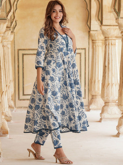 White Rayon Printed Kurti Pant Dupatta Set