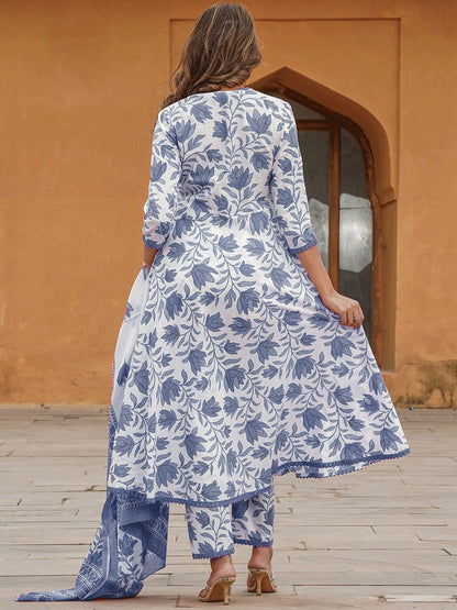 White Rayon Printed Kurti Pant Dupatta Set