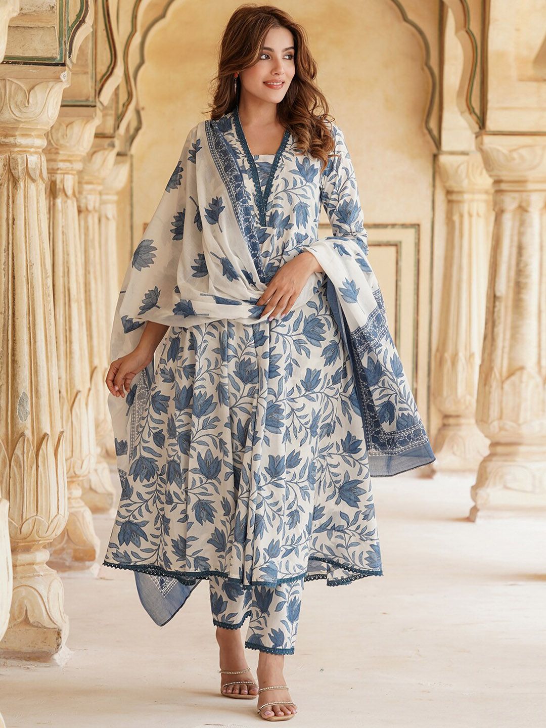 White Rayon Printed Kurti Pant Dupatta Set
