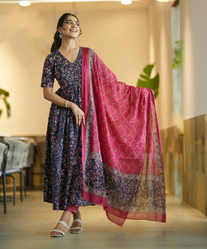 Navy Blue Rayon Printed Kurti Pant Dupatta Set