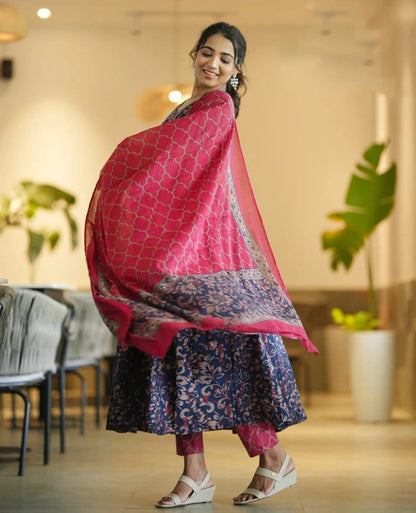 Navy Blue Rayon Printed Kurti Pant Dupatta Set
